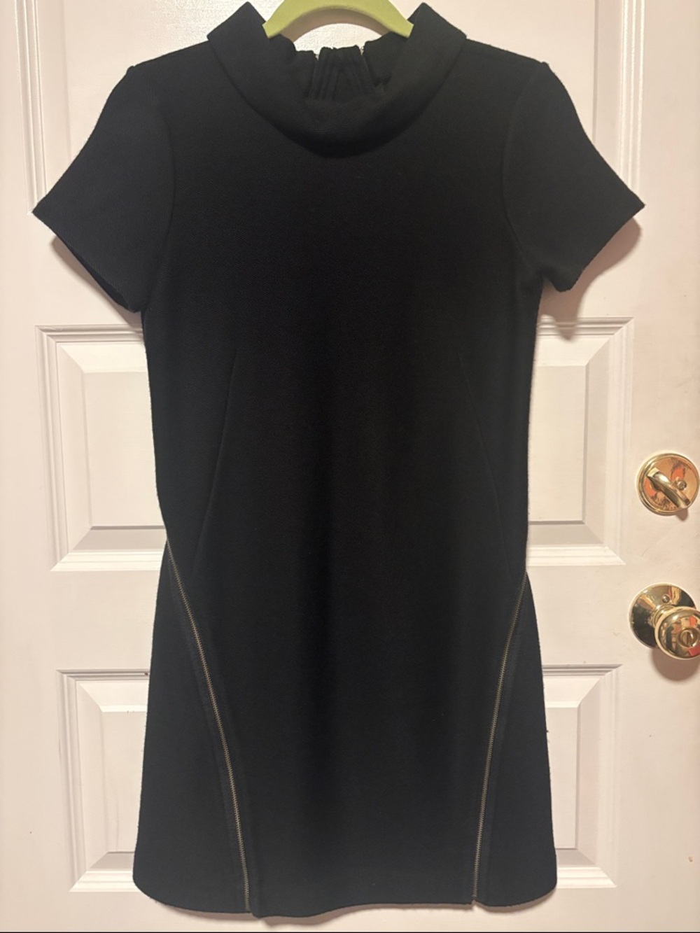 Theory Black Short-Sleeve Ponte Mini Dress with Gold-Tone Zipper Detail